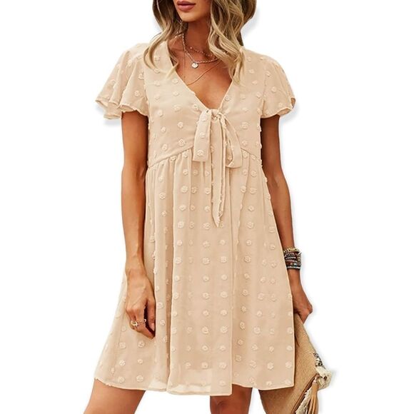 NWT Swiss Dot Ruffle Casual Short Sleeve V Neck Flowy A Line Babydoll Dr… - Picture 1 of 11